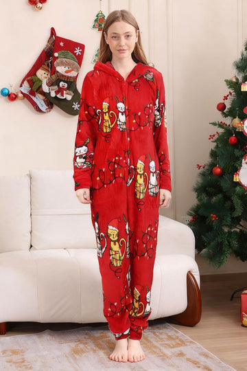 Pyjama familial assorti à motif chat rouge à manches longues